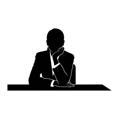 Masanın arkasında takım elbiseli ve beyaz gömlekli siyah bir siluet oturuyor. Kişinin kafası eğik ve çenesi elinde duruyor. Düşünce ya da düşünceye işaret ediyor. Görüntü basit, monokrom grafiksel bir betimlemedir.