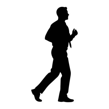 Resmi giyinmiş, gömlek, kravat, pantolon ve ayakkabı da dahil olmak üzere siyah bir siluet beyaz bir arkaplanda profil oluştururken resmedilmiştir. Kolları dirseklerinden bükülmüş ve bacakları hareket halinde. Bu da ileri doğru hareket ettiğini ve harekete geçtiğini gösteriyor.