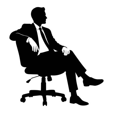 Takım elbiseli ve kravatlı bir adamın siyah silueti ofis sandalyesinde oturuyor. Profilden, bacak bacak üstüne atmış ve bir kolu sandalyenin kolluğunda dinleniyor. Arkaplan düz beyaz.