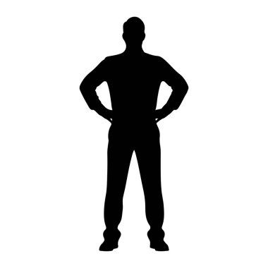 Siyah bir siluet, elleri kalçasında beyaz bir arka planda duran bir adam. Bu figür tepeden tırnağa tasvir edilmiş, vücudunun ve kıyafetinin net bir dış hatlarını gösteriyor..