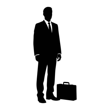 Takım elbiseli ve kravatlı siyah bir adam silueti bir evrak çantasının yanında duruyor. Adam elleri yanındayken öne doğru bakıyor. Çanta sağına yerleştirildi. Arka plan bembeyaz..