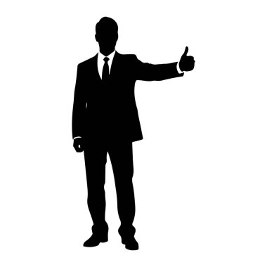 Takım elbiseli ve kravatlı bir adamın siyah silueti kolu açık ve başparmağı baş parmağıyla yukarı kaldırılmış bir şekilde duruyor. Şekil beyaz bir arkaplanda izole edilmiş ve siluet açıkça tanımlanmıştır..