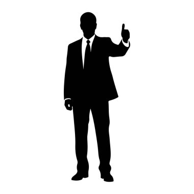 Takım elbiseli ve kravatlı bir adamın siyah silueti beyaz bir arka plana karşı onaylayıcı bir jest olarak baş parmağını kaldırır. Sağ kolu bükülmüş ve başparmağı yukarıya doğru dönük bir şekil çiziyor..