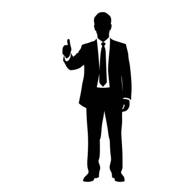 Takım elbiseli ve kravatlı bir adamın siyah bir silueti baş parmağıyla işaret veriyor. Şekil beyaz bir arkaplanda izole edilmiştir..
