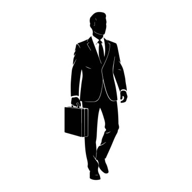 Takım elbiseli ve kravatlı bir adamın siyah silueti sol elinde bir evrak çantası tutarak öne doğru yürür. Bu figür göğüsten aşağıya doğru tasvir edilmiş, takım elbise, pantolon ve ayakkabıların net çizgileriyle. Arka plan bembeyaz..