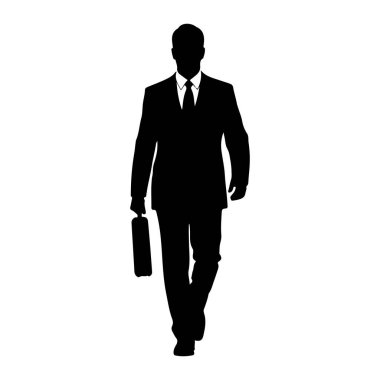 Takım elbiseli ve kravatlı bir adamın siyah silueti sağ elinde bir evrak çantası taşıyarak öne doğru yürür. Rakam, beyaz bir arkaplan karşısında izole edilmiş durumda ve profesyonellik ve hareket hissi veriyor..