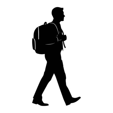 Soldan sağa doğru yürüyen siyah bir siluet. O pantolon ve ayakkabı giyiyor ve omuzunda bir sırt çantası var. Sırt çantasının kayışları ve büyük bir ana bölmesi var. Siluet beyaz arka planda..