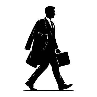 Profildeki siyah siluet bir adam sağa doğru yürüyor. Sol omzunun üzerine uzun bir ceket ve kravatlı bir takım elbise giyer. Sağ elinde dikdörtgen bir evrak çantası taşıyor. Görüntü, beyaz arkası olan temiz ve grafik bir resimdir.