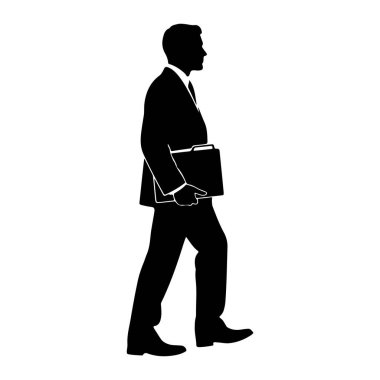 Takım elbiseli ve kravatlı bir adamın siyah silueti sağ elinde bir klasör tutarak soldan sağa doğru yürüyor. Adam profilde beyaz bir arkaplanda tasvir ediliyor. Sol bacağı öne doğru, sağ bacağı da arkaya doğru hareket ediyor. Takım elbise...