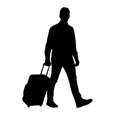 Tekerlekli bavul çekerken yürüyen siyah bir siluet. Adam belden aşağısı, sol eli bavulun sapını tutarken tasvir ediliyor. O pantolon ve ayakkabı giyiyor. Arkaplan düz beyaz.