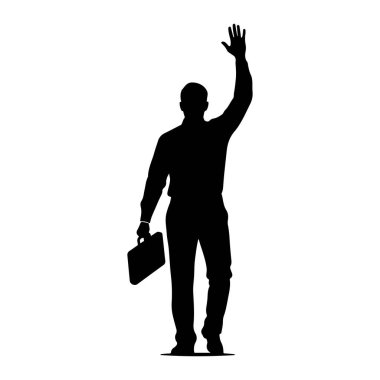 Siyah bir siluet beyaz bir arkaplanda duruyor. O, yakalı gömlek ve pantolon da dahil olmak üzere resmi kıyafet giyiyor. Sol eli bir evrak çantası tutuyor ve sağ kolu el sallayarak açık bir şekilde kaldırılıyor. Siluet