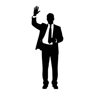 Takım elbiseli ve kravatlı bir adamın siyah silueti beyaz arka planda duruyor. Sağ kolu açık ve avuç içi ileri dönük bir şekilde el sallıyor. Adam ileriye bakıyor, bacakları hafifçe açık..