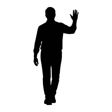 Siyah bir siluet beyaz bir arkaplanda duruyor. Yüzü öne bakıyor ve sağ kolu havada, el sallayarak hareket ediyor. O yakalı bir gömlek ve pantolon giyiyor..