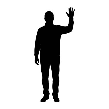 Sağ eli havada duran ve el sallayan bir adamın siyah silueti. O günlük giysiler giyiyor. Arkaplan beyaz.