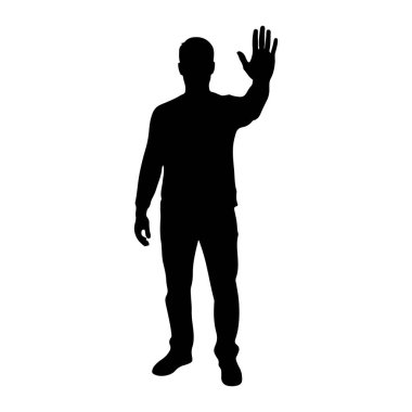 Ayakta duran ve sağ elini sallayan bir adamın siyah silüeti. O, pantolon ve uzun kollu bir gömlek de dahil olmak üzere günlük giysiler giyiyor. Arkaplan beyaz.
