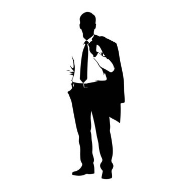 Siyah bir siluet beyaz bir arkaplanda duruyor. Ceketi sol omzuna sarılı bir takım elbise, gömlek ve kravat giyiyor. Sağ eli cebinde ve o ileriye bakıyor..