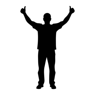 Siyah bir siluet kolları havada ve başparmakları havada durur. Bu figür bir tişört ve pantolon giyiyor. Arkaplan düz beyaz.