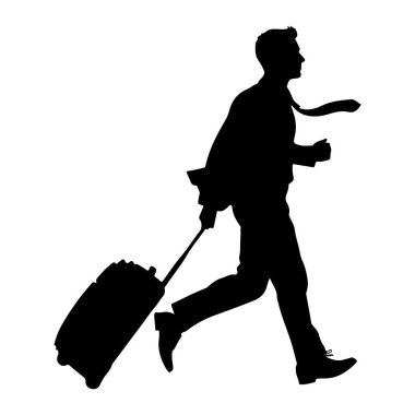 Resmi kıyafetli, takım elbiseli ve kravatlı bir adamın siyah silueti hareket halindeyken resmedilmiştir. Arkasında yuvarlanan bir bavul çekiyor, sağ kolu sapı tutmak için uzatılmış ve sol kolu dirsekten bükülmüş. Adam walki gibi görünüyor.