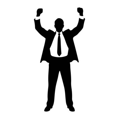 Siyah bir adam silueti kollarını kaldırmış kutlama yapıyor. O resmi bir takım elbise ve kravat takıyor. Arkaplan düz beyaz.