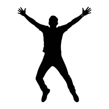 Siyah bir siluet, beyaz bir arka plana doğru atlayış yaparken görüntülenir. Kolları tamamen yukarı ve dışarı doğru uzanır, elleri açıktır. Bacaklar bükülür ve yayılır, enerjik bir hareket ve canlılık hissi verir. Rakam.