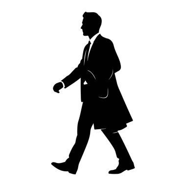 Takım elbiseli ve paltolu bir adamın siyah silueti beyaz bir arkaplanda soldan sağa doğru yürürken resmedilir. O bir kravat ve giysi ayakkabısı giyiyor, sol kolu öne doğru uzanıyor ve sağ kolu dirseğinden bükülüyor, ceketi tutuyor. Şey...