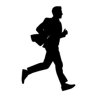 Takım elbiseli bir adamın siyah silueti, soldan sağa koşan hareket halinde tasvir edilir. Bacakları bir adım önde, bir bacağı önde ve diğeri arkada. Kolları dirseklerinden bükülmüş, bu da ileri momentum olduğunu gösteriyor. Görünüşe göre takım elbise... 