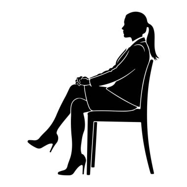İş elbisesi ve yüksek topuklu bir sandalyede oturan siyah bir kadın silueti. Bacakları dizlerinin üstüne çökmüş ve elleri birbirine kenetlenmiş. At kuyruğu var ve profilde sağa bakıyor. Görüntü temiz, grafiksel bir gösterim w