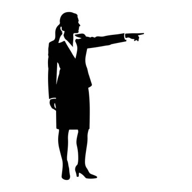 Takım elbiseli bir kadının siyah bir silueti sağ kolu açık ve işaret parmağı önde duruyor. O bir ceket, etek ve yüksek topuklu ayakkabı giyiyor. Arkaplan düz beyaz.