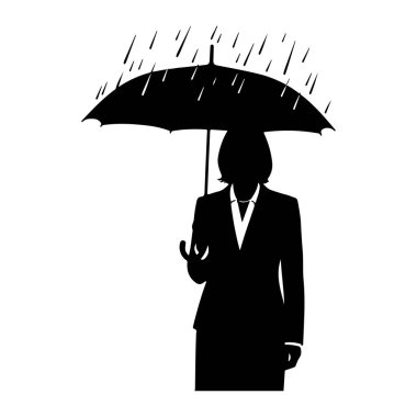Başının üstünde açık bir şemsiye tutan takım elbiseli bir kişinin siyah silueti. Yukarıdan düşen yağmur damlaları tasvir edilir, şemsiyeye çarpar. Arkaplan düz beyaz.