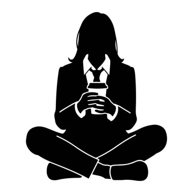 Takım elbise giyen ve kravat takan birinin siyah silueti tek kullanımlık kahve bardağını tutarken çapraz oturmaktadır. Rakam, iki elinde de tutulan fincanla ileri bakıyor. Arkaplan düz beyaz, siyah si nin katıksız kontrastını vurguluyor.