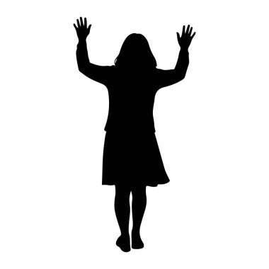 Siyah bir siluet. Kolları havada, elleri açık, avuçları önde duran bir kişi. Şekil düz beyaz bir arkaplanda tasvir edilir. Silüet, uzun saçlı bir kafa dış hatlarını, ceketli ya da üstlü bir gövdeyi, bir S 'yi gösteriyor.