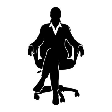 Ofis sandalyesinde oturan siyah bir insan silueti. Kişi resmi kıyafetler giyiyor, yakalı gömlek ve ceket de dahil. Bacakları çapraz ve elleri sandalyenin kollarında dinleniyor. Siluet beyaz bir ba 'da izole edilmiş.
