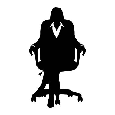 Takım elbiseli ve ofis sandalyesinde oturan siyah bir siluet. Kişinin kafası tasmayla görülebilir ve kolları sandalyenin kollukları üzerinde dinleniyor. Bacak bacak üstüne attılar ve sandalyenin tekerlekleri var. Arkaplan ne kadar sade