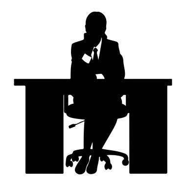 Siyah bir siluet takım elbiseli ve kravatlı bir kişi bir masada oturur, kollarını kavuşturarak öne doğru eğilir. Tekerlekli sandalyede oturan kişi. Görüntü, beyaz arkaplana karşı temiz ve tek renkli bir resimdir..