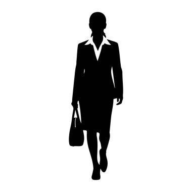 İş elbisesi giymiş siyah bir kadın silueti öne doğru yürüyor. Altında yakalı bir bluz ve etek olan bir ceket giyiyor. Sol elinde bir el çantası taşıyor. Arkaplan beyaz.