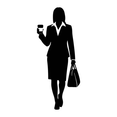 İş elbisesi giymiş siyah bir kadın silueti öne doğru yürüyor. O, sağ elinde tek kullanımlık bir kahve fincanı ve sol elinde büyük bir çanta tutuyor. Kadın takım elbisesinin altında yakalı bir bluz ve diz boyu bir etek giyiyor. Görüntü