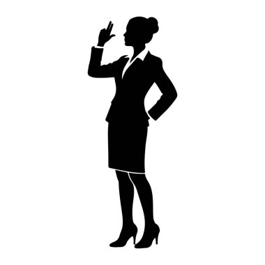 Resmi bir iş elbisesi giymiş siyah bir kadın silueti beyaz bir arkaplanda duruyor. O bir ceket, etek ve yüksek topuklu ayakkabı giyiyor. Saçları topuz şeklinde. Bir elini şakağına kaldırır, iki parmağını uzatır, sanki bir jest yapar gibi.