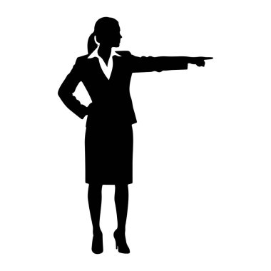 İş elbisesi giymiş siyah bir kadın silueti sol eli kalçasında ve sağ kolu da işaret parmağıyla öne doğru uzanıyor. O, yakalı bir gömlek, bir etek ve yüksek topuklu ayakkabı giyiyor. Siluet bir süre izole edilmiş.