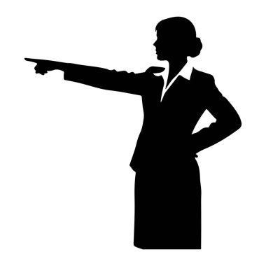 Profilde bir kadının siyah silueti beyaz bir arkaplanda gösteriliyor. O, ceket ve etekli bir takım elbise ve beyaz yakalı bir gömlek giyiyor. Sol kolu öne doğru uzanıyor ve işaret parmağı solu işaret ediyor. Onun sağ eli p