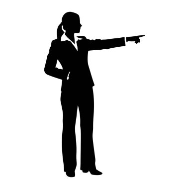 Profesyonel iş kıyafeti giymiş bir kadının siyah silueti sol eli kalçasında ve sağ kolu da işaret parmağıyla ileri doğru uzanmış vaziyette duruyor. Saçını at kuyruğu yapmış ve yakalı bir takım elbise giyiyor.