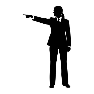 Takım elbiseli ve kravatlı bir kadının siyah silueti sağ kolu açık ve işaret parmağıyla sola dönük duruyor. Saçları at kuyruğu şeklinde geri çekiliyor. Arka plan bembeyaz..