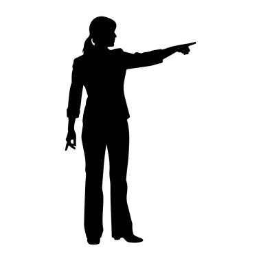 Siyah siluet bir kadın yüzü sola dönük duruyor, sağ kolu öne doğru uzanıyor ve işaret parmağı bu yönü işaret ediyor. O, bir ceket ve pantolon da dahil olmak üzere profesyonel giysi giyiyor ve saçını at kuyruğu şeklinde geri çekiyor. Evet.