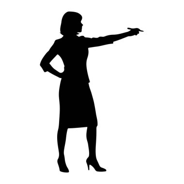 Bir kadının siyah silueti sağ kolu açık duruyor ve işaret parmağıyla öne bakıyor. Sol eli kalçasında duruyor. O, takım elbise, etek ve yüksek topuklu ayakkabılar da dahil olmak üzere profesyonel kıyafet giyiyor. Siluet izole edilmiş.