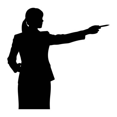 Takım elbiseli bir kadının siyah silueti yandan sağa dönük olarak gösteriliyor. O, sağ elinde bir kalem tutuyor ve onu ileri doğru işaret ediyor. Sol eli kalçasının üzerinde. Saçları at kuyruğu şeklinde geri çekiliyor. Arkaplan beyaz.