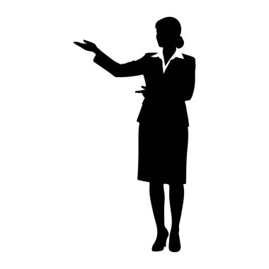 İş elbisesi giymiş siyah bir kadın silueti beyaz bir arkaplanda duruyor. O bir takım elbise ceket, yakalı bir bluz, etek ve yüksek topuklu ayakkabı giyiyor. Sol kolu öne doğru uzanıyor, avuç içi yukarı doğru, sağ kolu ise... 