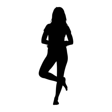 Siyah bir kadın silueti bir bacağının üzerinde duruyor diğer bacağı bükülmüş ve arkasında çapraz duruyor. Kolları göğsünün önünde çaprazlanmış. Arkaplan beyaz.