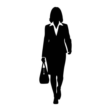 Beyaz bir arka planda yürüyen siyah bir kadın silueti. O, etekli ve yakalı bluzlu profesyonel bir takım elbise giyiyor. Sol elinde bir el çantası taşıyor..