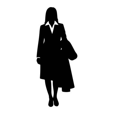 Siyah bir kadın silueti beyaz bir arkaplanda duruyor. Altında yakalı bir gömlek olan resmi bir ceket giyiyor ve kolunun üzerinde başka bir ceket tutuyor gibi görünüyor. Saçları omuz hizasında ve şekilli. Siluet buz.