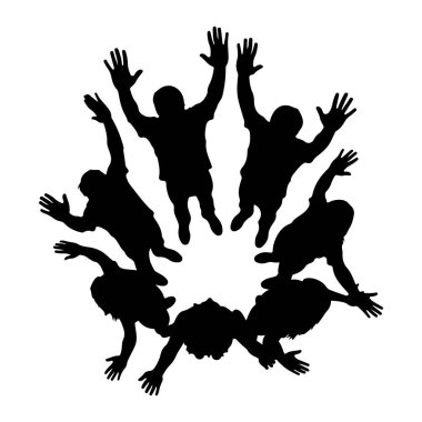 Yedi kişilik siyah bir siluet dairesel bir düzende dizilmiş, kolları açık ve elleri yukarı doğru uzanmış. Rakamlar, yüksek açılı bir perspektiften resmedilmiş. Bu da, açık bir Whit 'e karşı bir birlik ve kolektif eylem hissi yaratıyor.