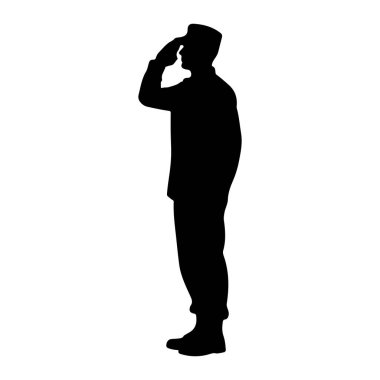 Askeri üniformalı bir kişinin siyah silueti sağ elini alnına kaldırıp selam durarak sola dönük duruyor. Şapka ve bot giyiyorlar. Şekil beyaz bir arkaplanda izole edilmiştir..